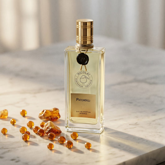 Nicolai Patchouli Intense EDP on cream stone with a scatter of honey-colored ambergris flakes