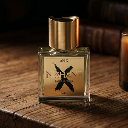 Nishane Ani N(X) Extrait Parfume on walnut side table with a pair of lit votives beside the bottle