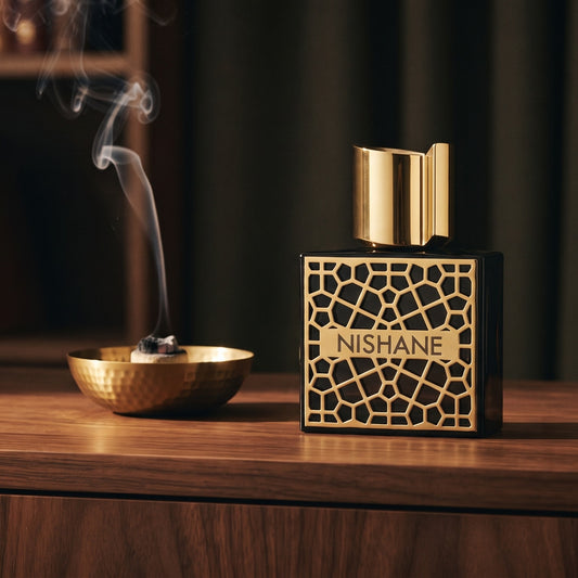 Nishane Mana Extrait de Parfum on dark walnut console with a small brass incense bowl with smoke curling upward