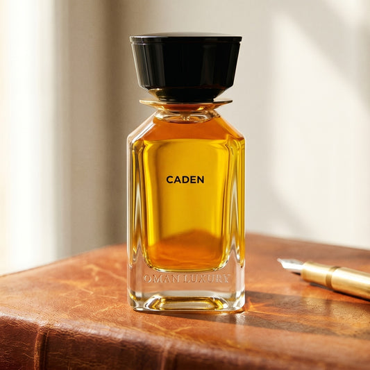Oman Luxury Caden EDP on aged cognac-leather surface with a brass fountain pen resting beside it