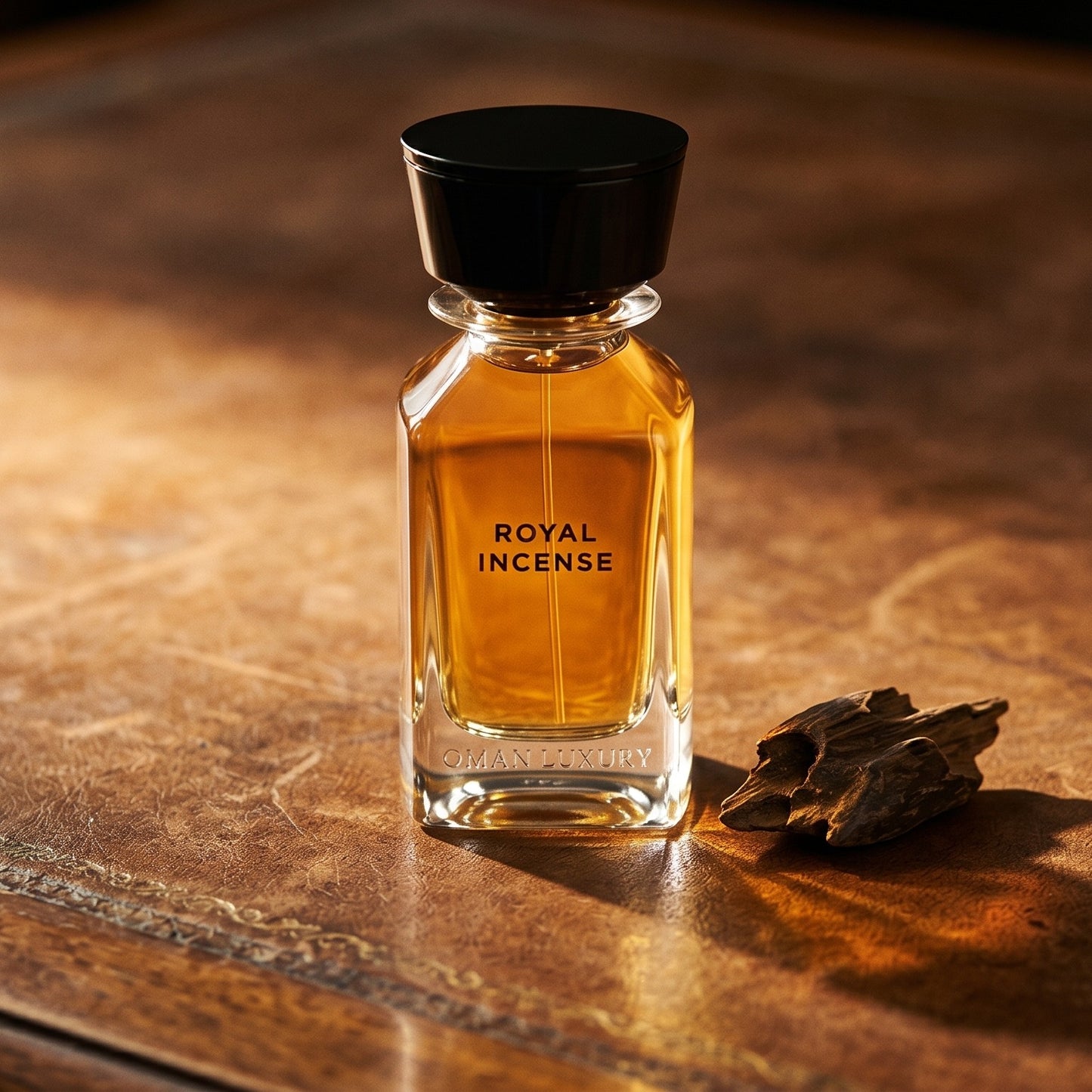 Oman Luxury Royal Incense EDP on cognac leather bench with a curled strip of birch bark nearby