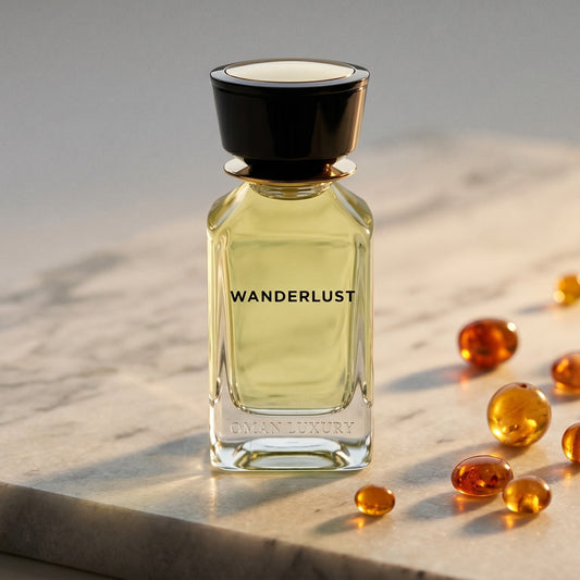 Oman Luxury Wanderlust EDP on warm taupe marble with copal beads spilling from a small dish