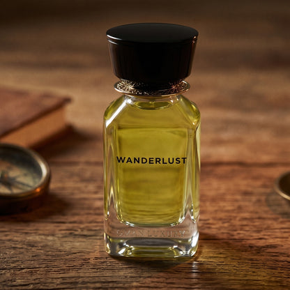 Oman Luxury Wanderlust EDP on aged teak with a candle burning gently to frame-right
