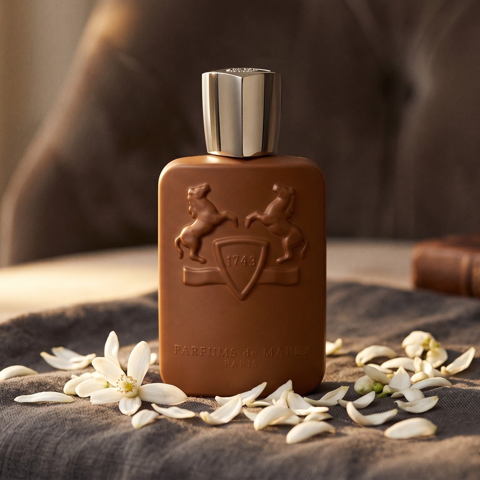 Parfums de Marly Althair EDP on charcoal linen with orange-blossom petals