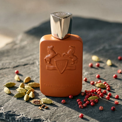 Parfums de Marly Althair EDP on charcoal-toned marble with ground turmeric in a brass spoon