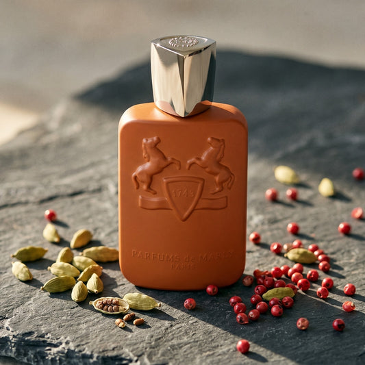 Parfums de Marly Althair EDP on charcoal-toned marble with ground turmeric in a brass spoon