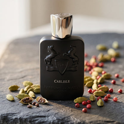 Parfums de Marly Carlisle EDP on dark grey stone slab with cardamom pods and pink peppercorns scattered
