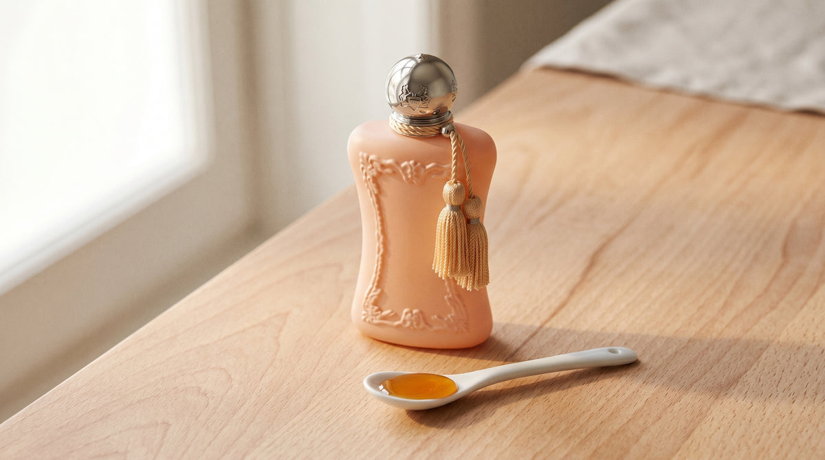 Parfums de Marly Cassili on pale beech wood with a small porcelain spoon with honey
