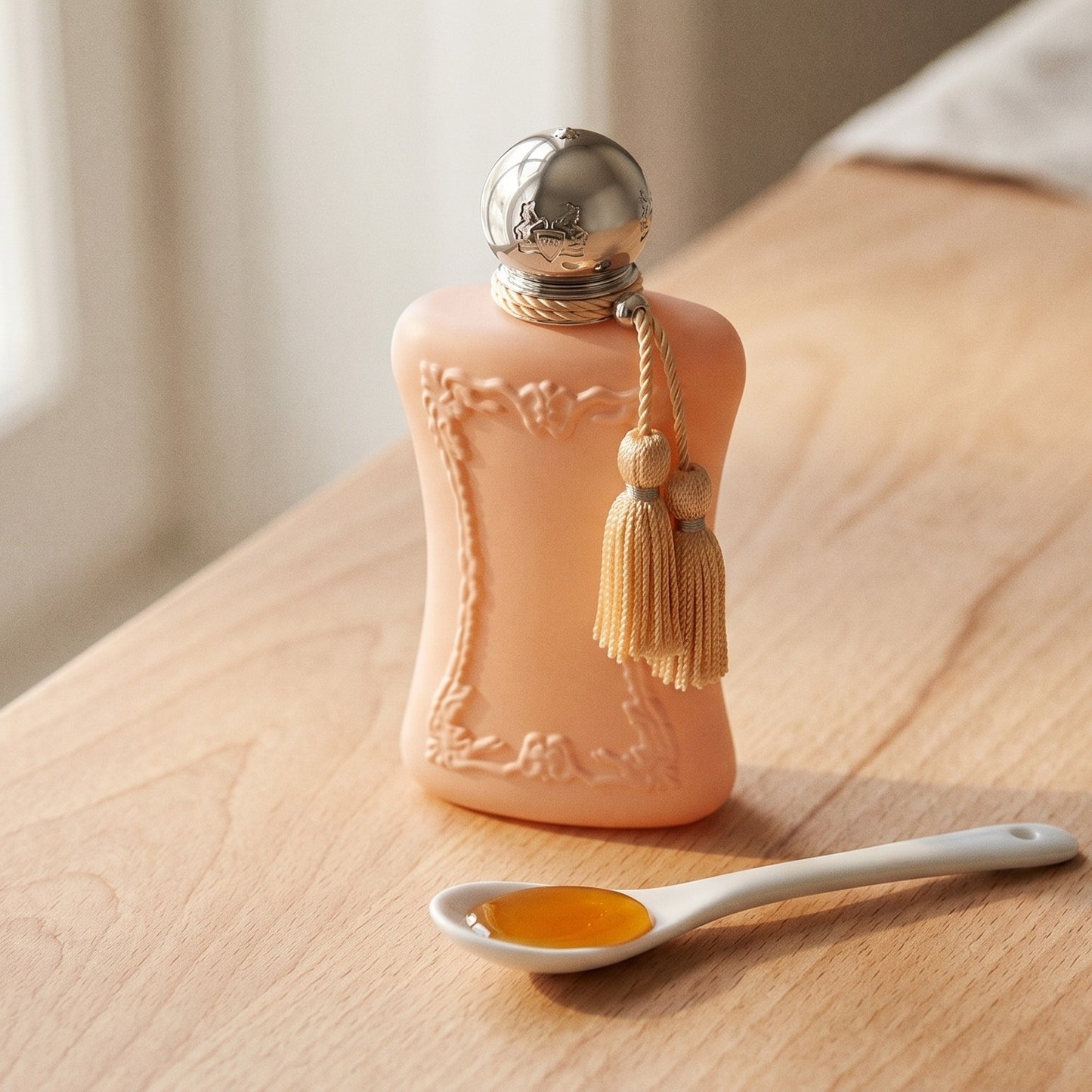 Parfums de Marly Cassili on birch surface with a glass jar of demerara sugar