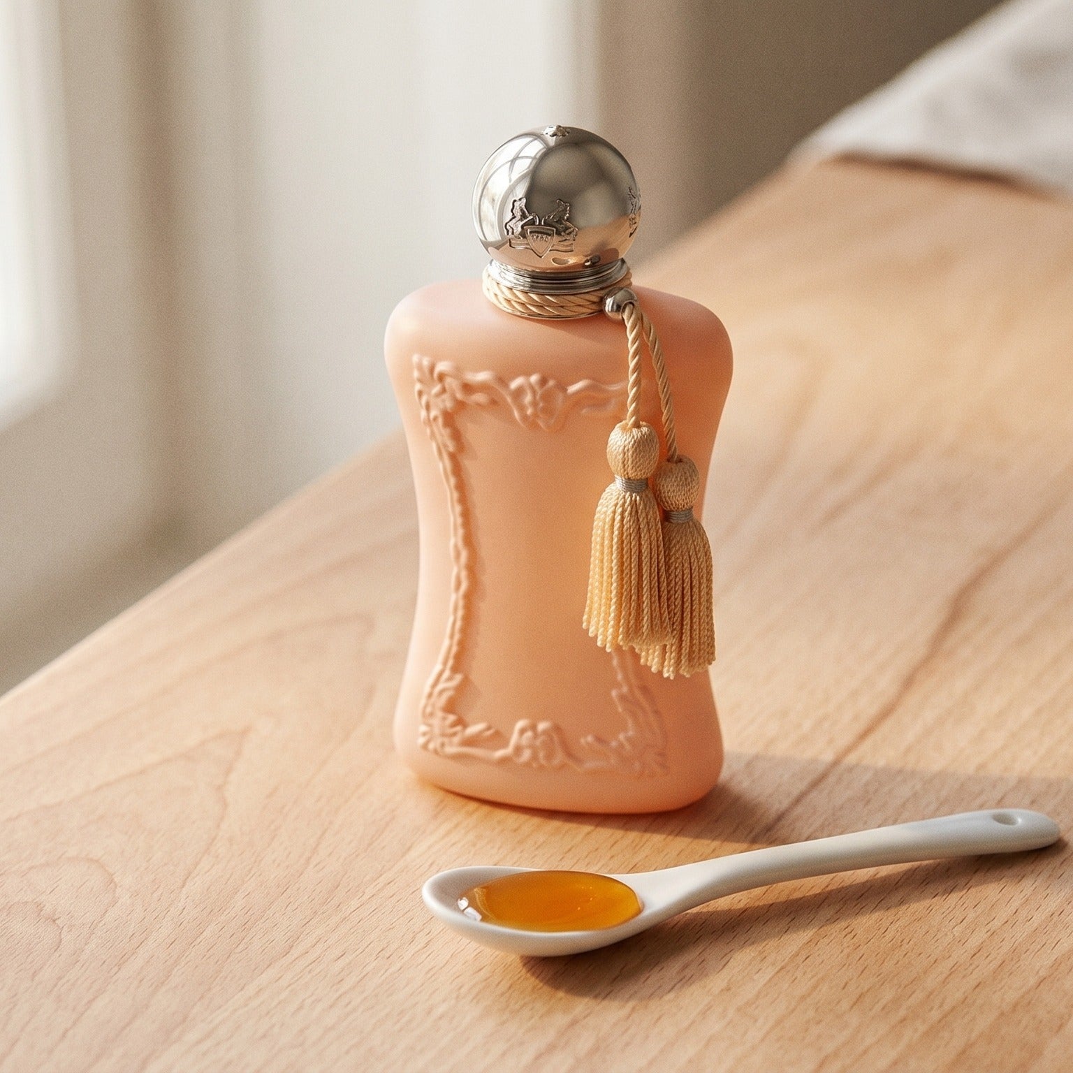Parfums de Marly Cassili on birch surface with a glass jar of demerara sugar