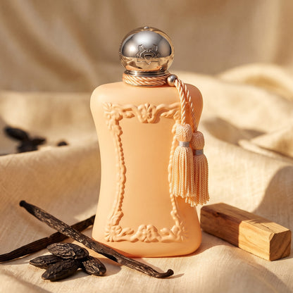 Parfums de Marly Cassili on pale gold silk with a vanilla pod beside a few tonka beans and a small sandalwood block