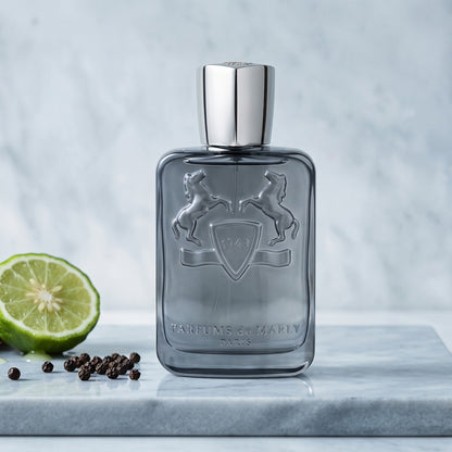 Parfums de Marly Castley EDP on pale grey marble with a knob of fresh ginger beside a halved bergamot and black peppercorns