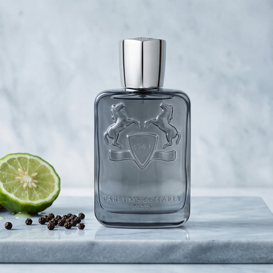 Parfums de Marly Castley EDP on pale grey marble with a knob of fresh ginger beside a halved bergamot and black peppercorns