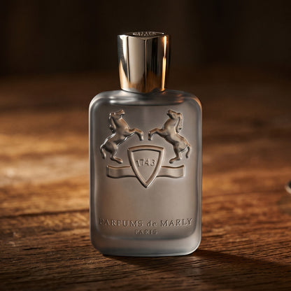 Parfums de Marly Castley EDP on walnut side table with a pair of lit votives beside the bottle