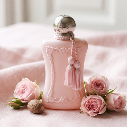 Parfums de Marly Delina EDP on pale pink linen with a few Damask rose blooms beside a whole nutmeg