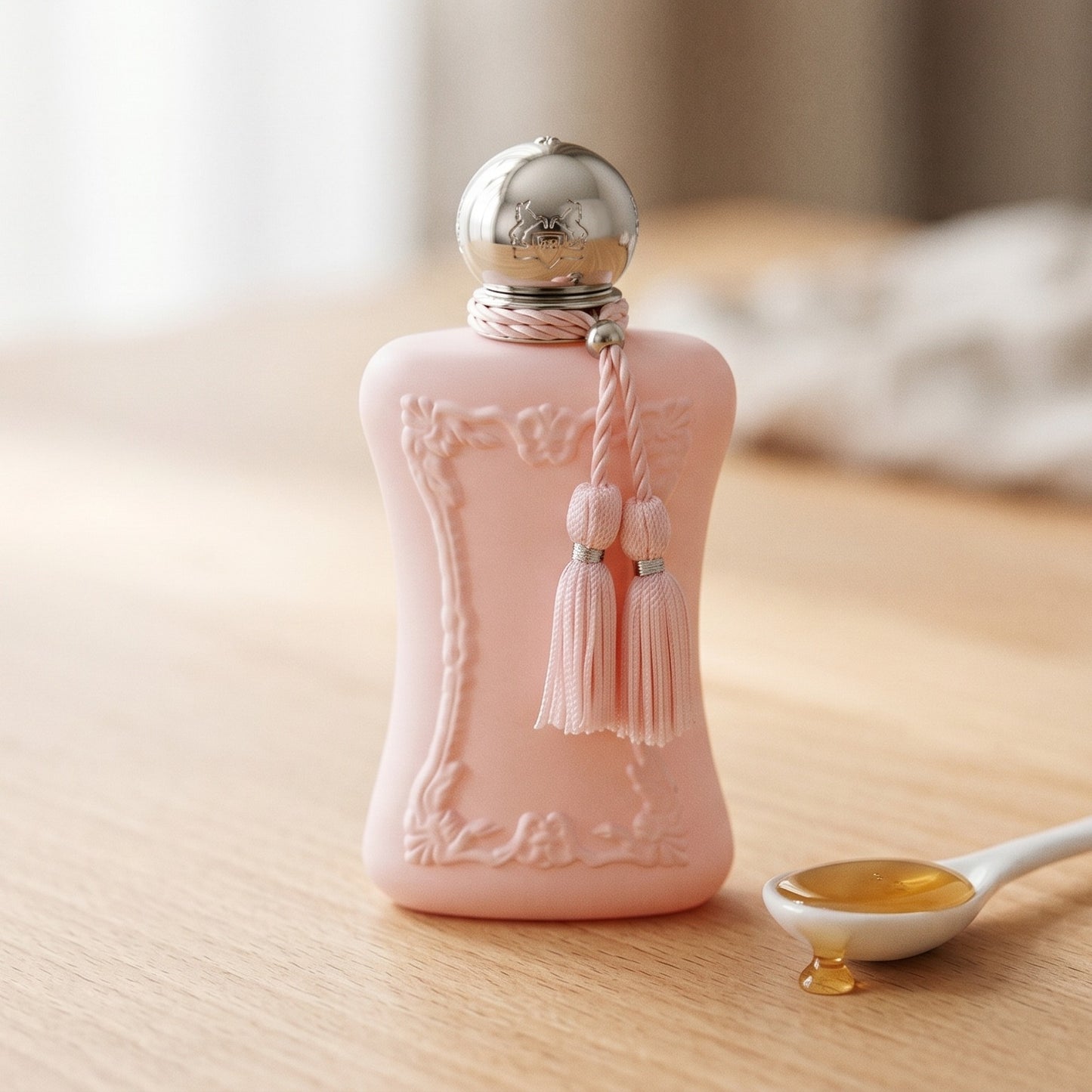 Parfums de Marly Delina EDP on pale beech wood with a small porcelain spoon of honey