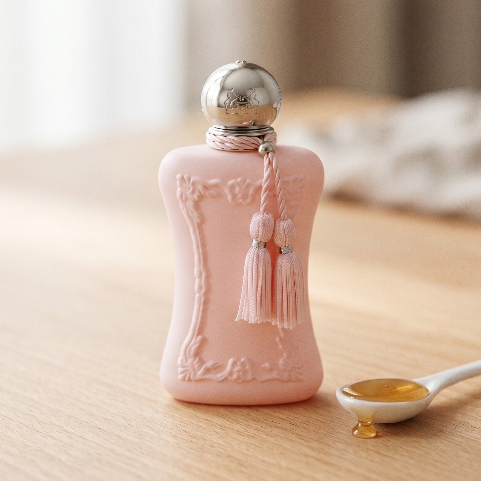 Parfums de Marly Delina EDP on pale beech wood with a small porcelain spoon of honey