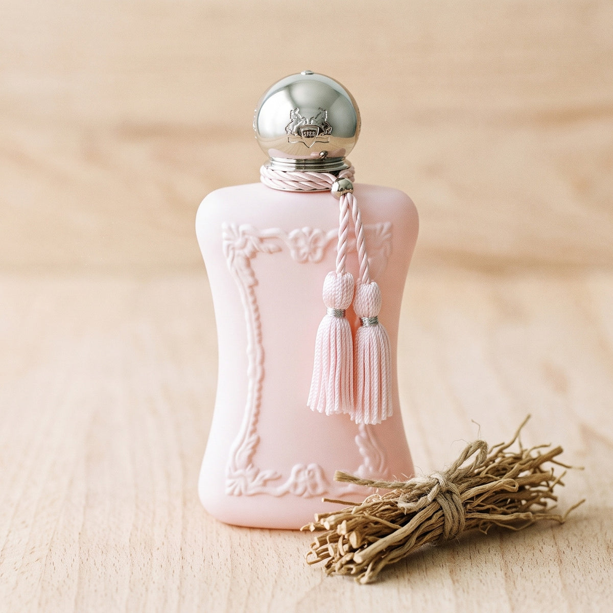 Parfums de Marly Delina EDP on pale beech wood with a small bundle of vetiver roots