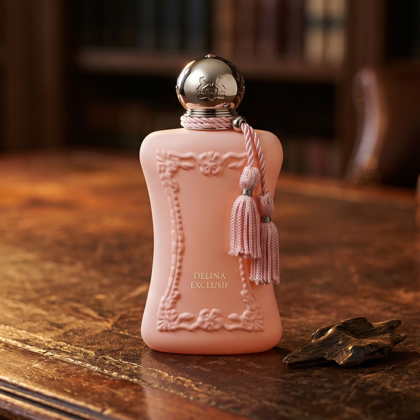 Parfums de Marly Delina Exclusif Parfum on aged library leather with a small stack of resinous wood splinters