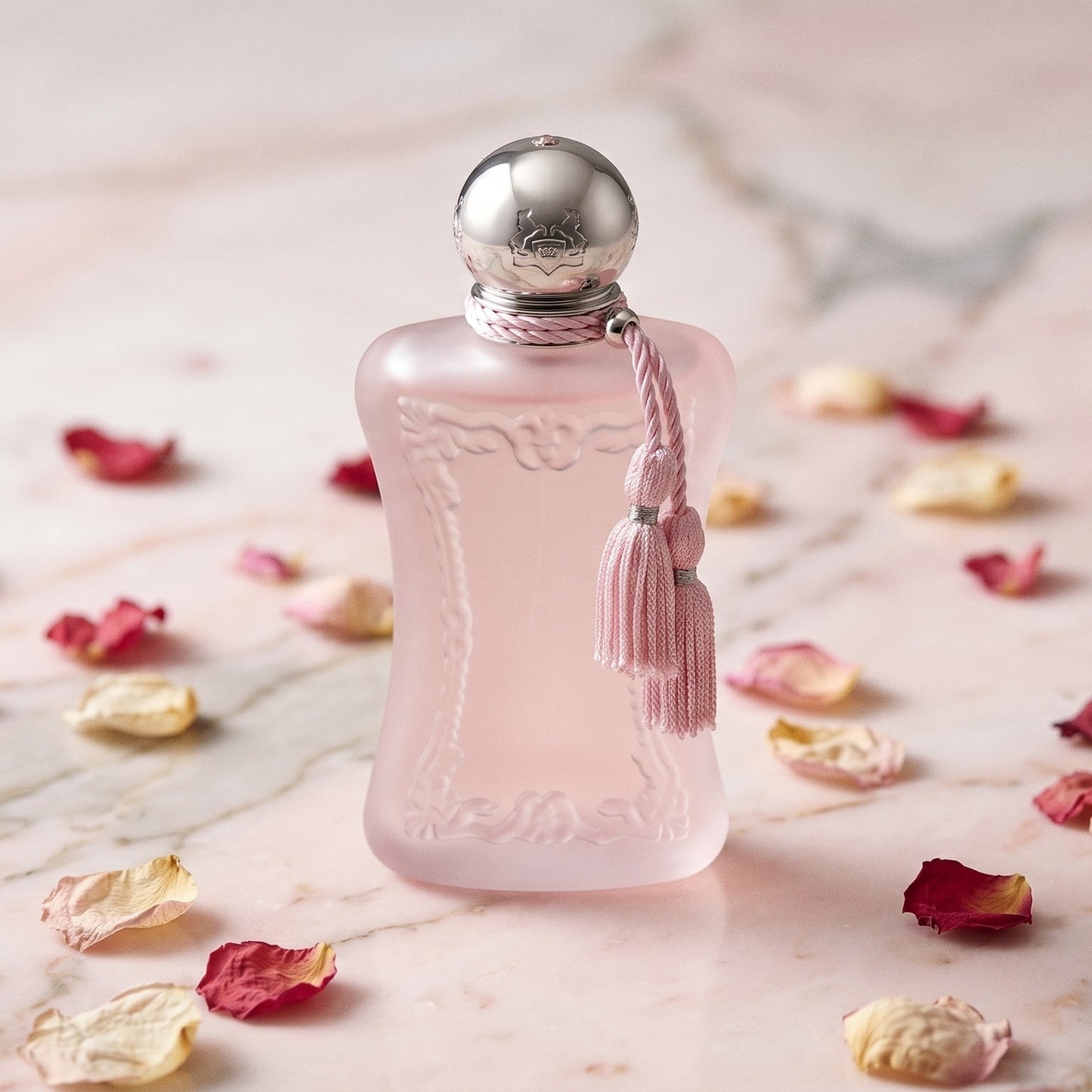 Parfums de Marly Delina la Rosee on pale peach marble with petals drifting from a single rose