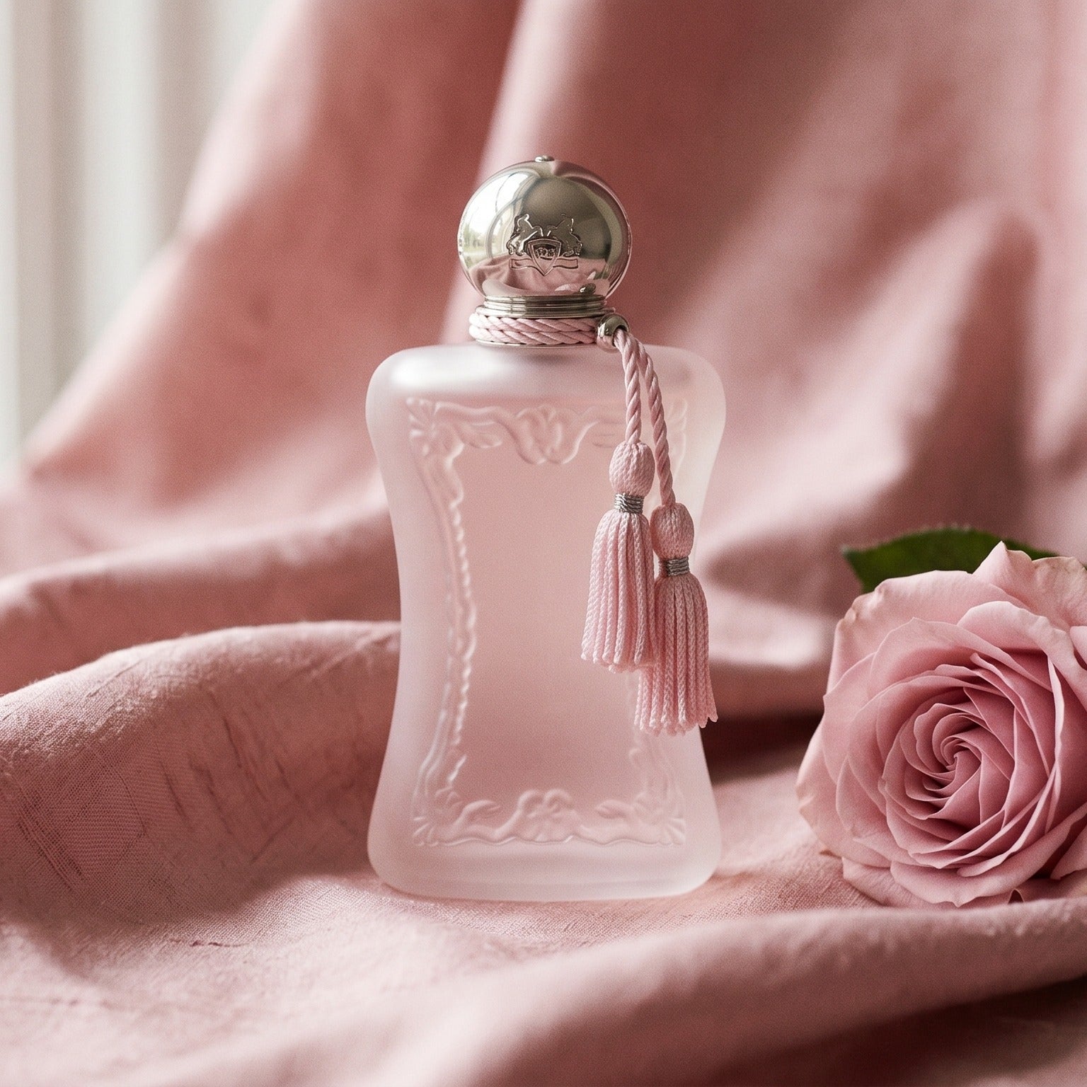 Parfums de Marly Delina la Rosee on champagne silk with a branch of wild rose in mid-bloom