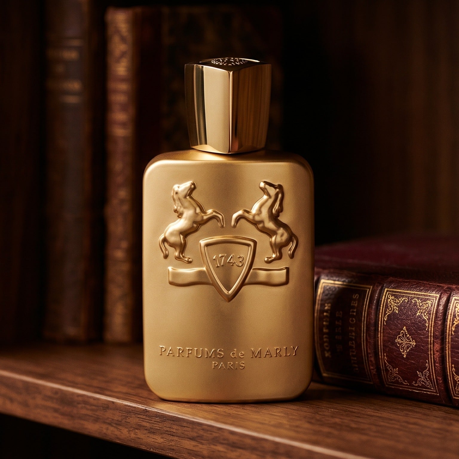 Parfums de Marly Godolphin on walnut desktop with a tall candle and an open leather diary