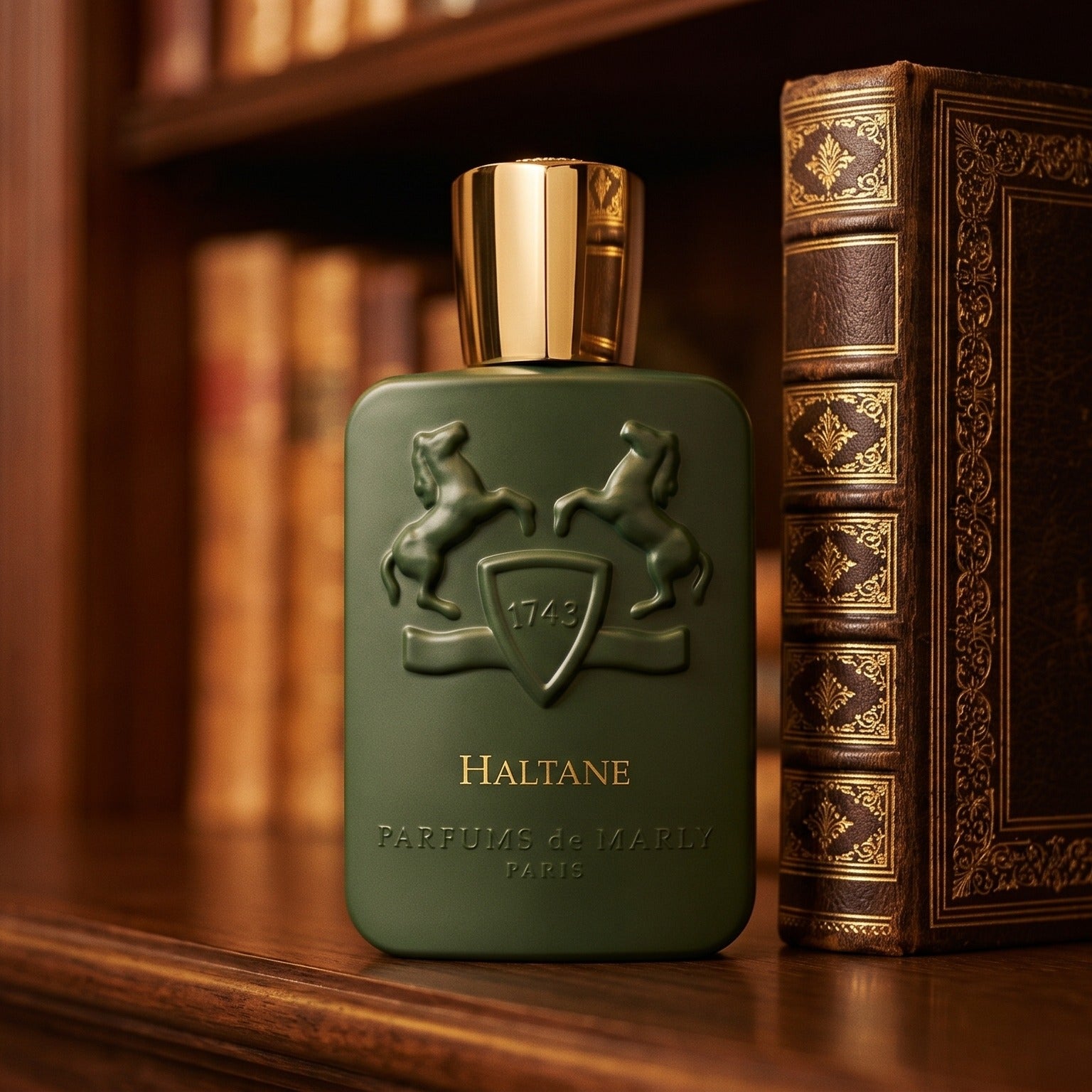 Parfums de Marly Haltane on ebony library table with a folded leather portfolio beneath it