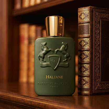 Parfums de Marly Haltane on ebony library table with a folded leather portfolio beneath it