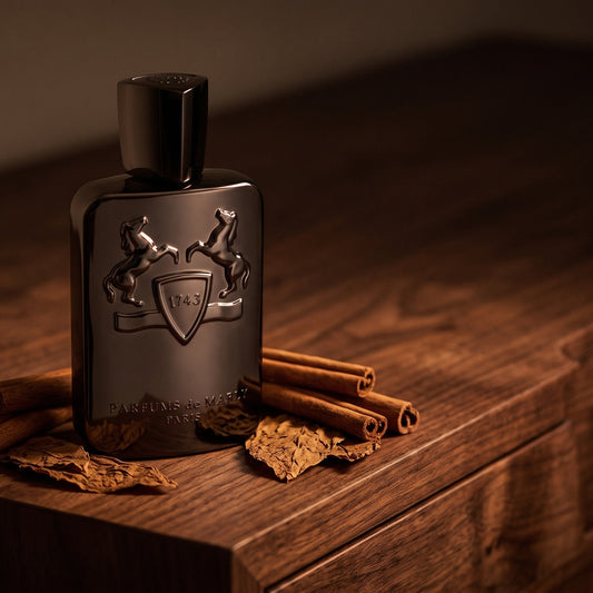 Parfums de Marly Herod on dark walnut console with cinnamon sticks and a few dried tobacco leaves