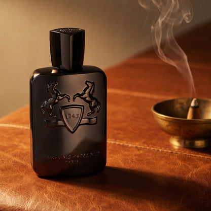 Parfums de Marly Herod on cognac leather bench with a small brass incense bowl with a thin curl of smoke