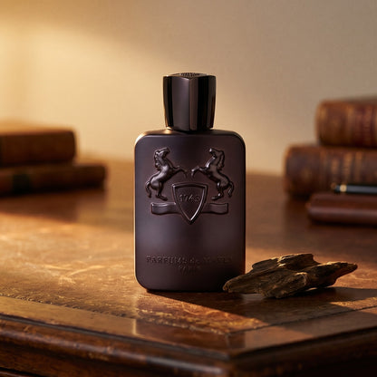 Parfums de Marly Herod on cognac leather bench with a curled strip of birch bark nearby