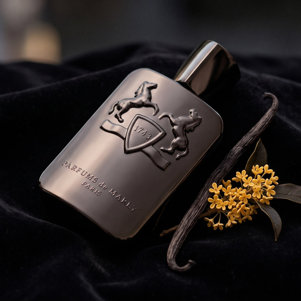 Parfums de Marly Herod on black velvet with a vanilla pod beside a few osmanthus blossoms