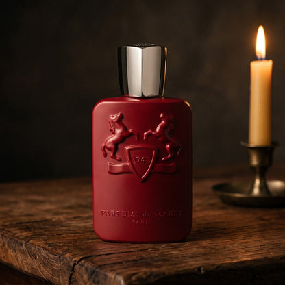 Parfums de Marly Kalan EDP on rosewood surface with a squat brass candle flickering nearby