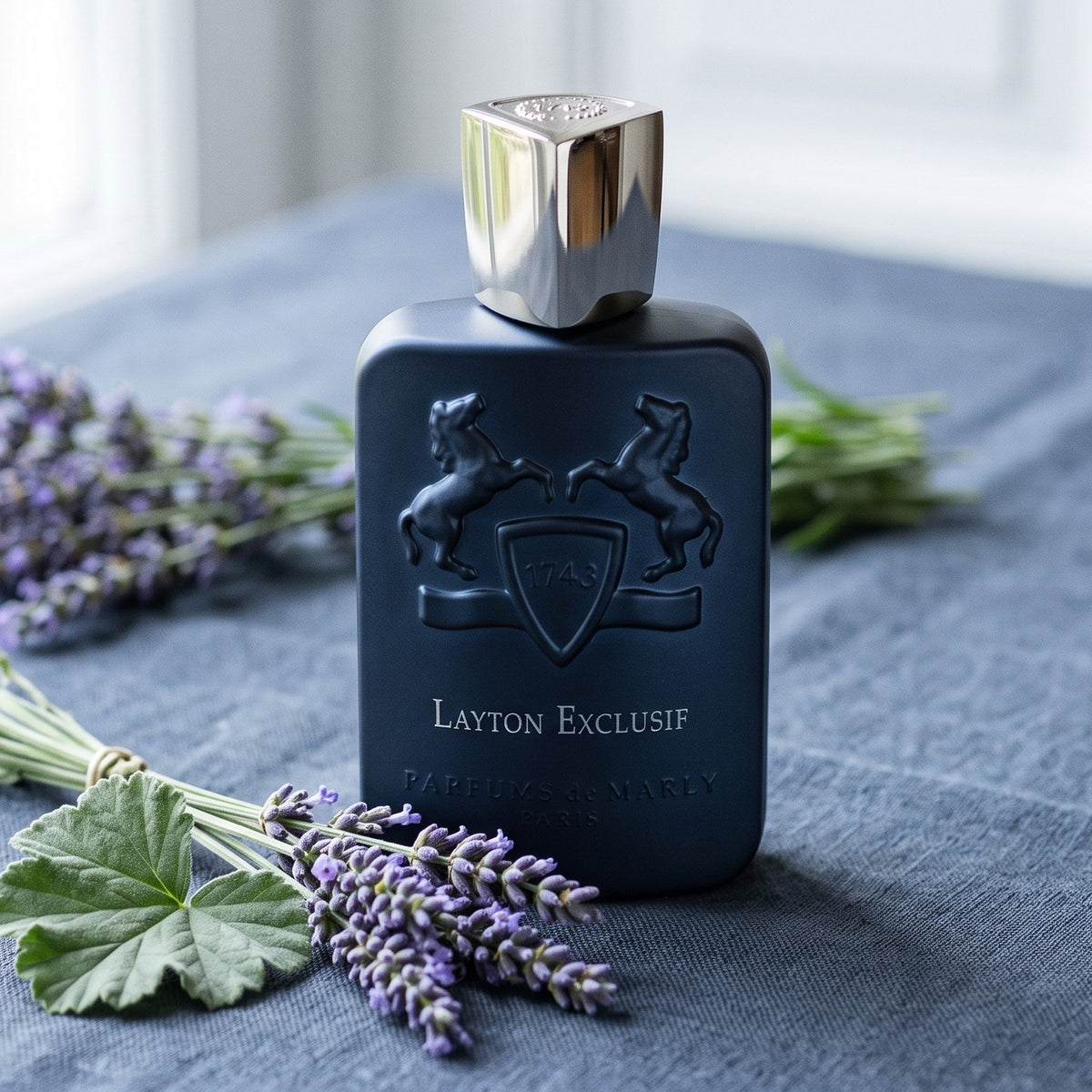 Parfums de Marly Layton Exclusif Parfum on slate-blue linen with a bundle of lavender sprigs beside a geranium leaf