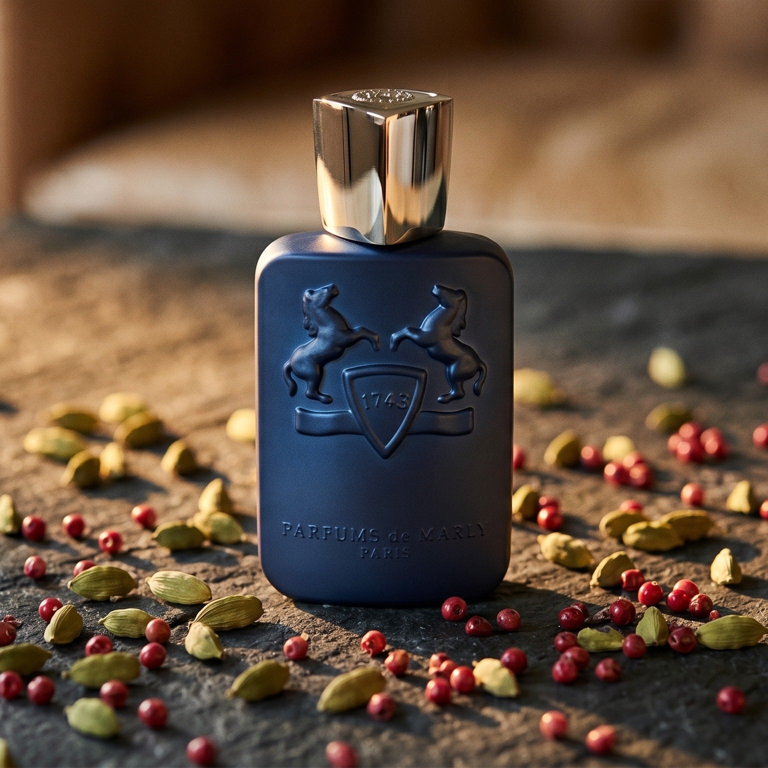 Parfums de Marly Layton on dark grey stone slab with cardamom pods and pink peppercorns scattered