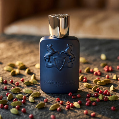 Parfums de Marly Layton on dark grey stone slab with cardamom pods and pink peppercorns scattered
