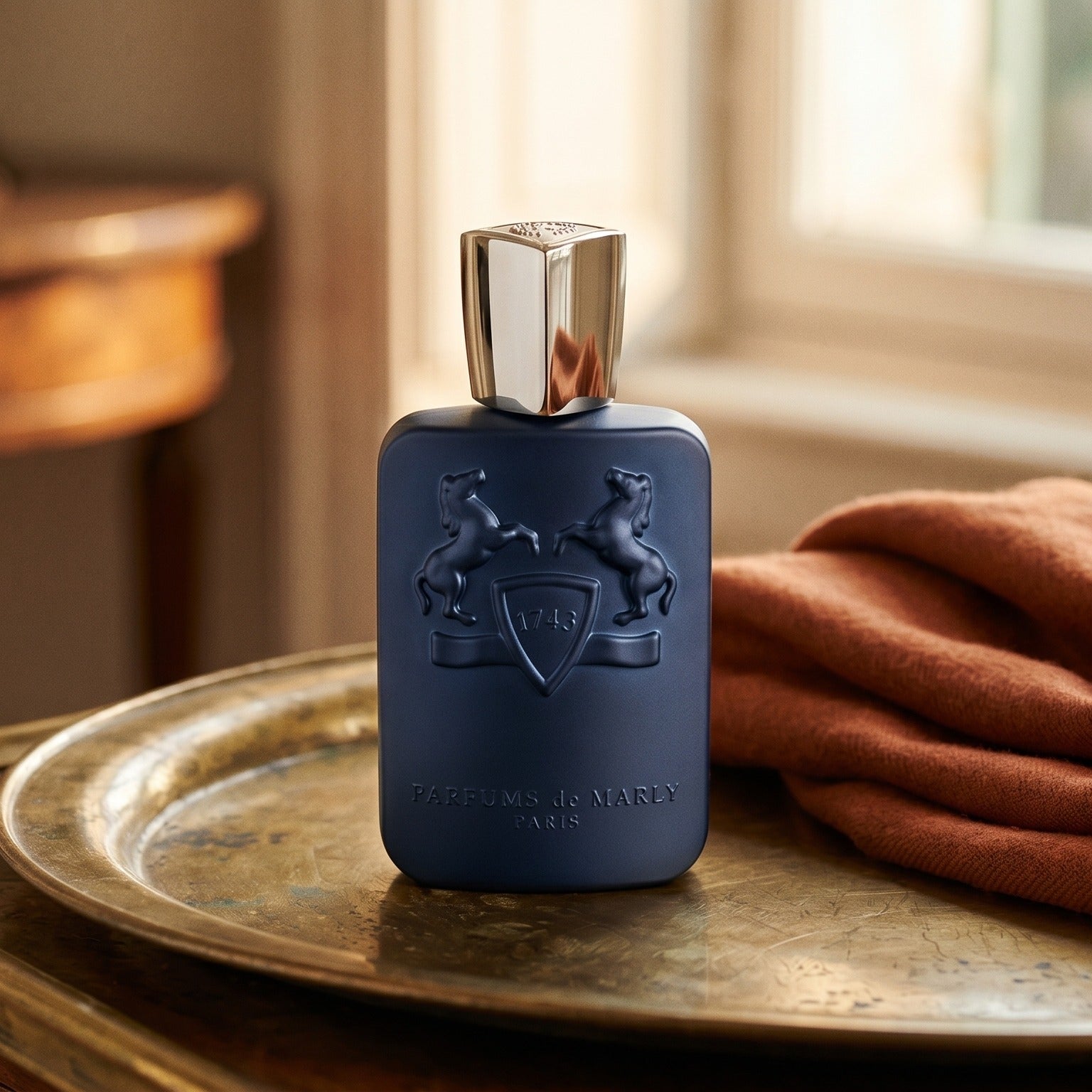 Parfums de Marly Layton on aged brass tray with a folded pashmina in rust tone