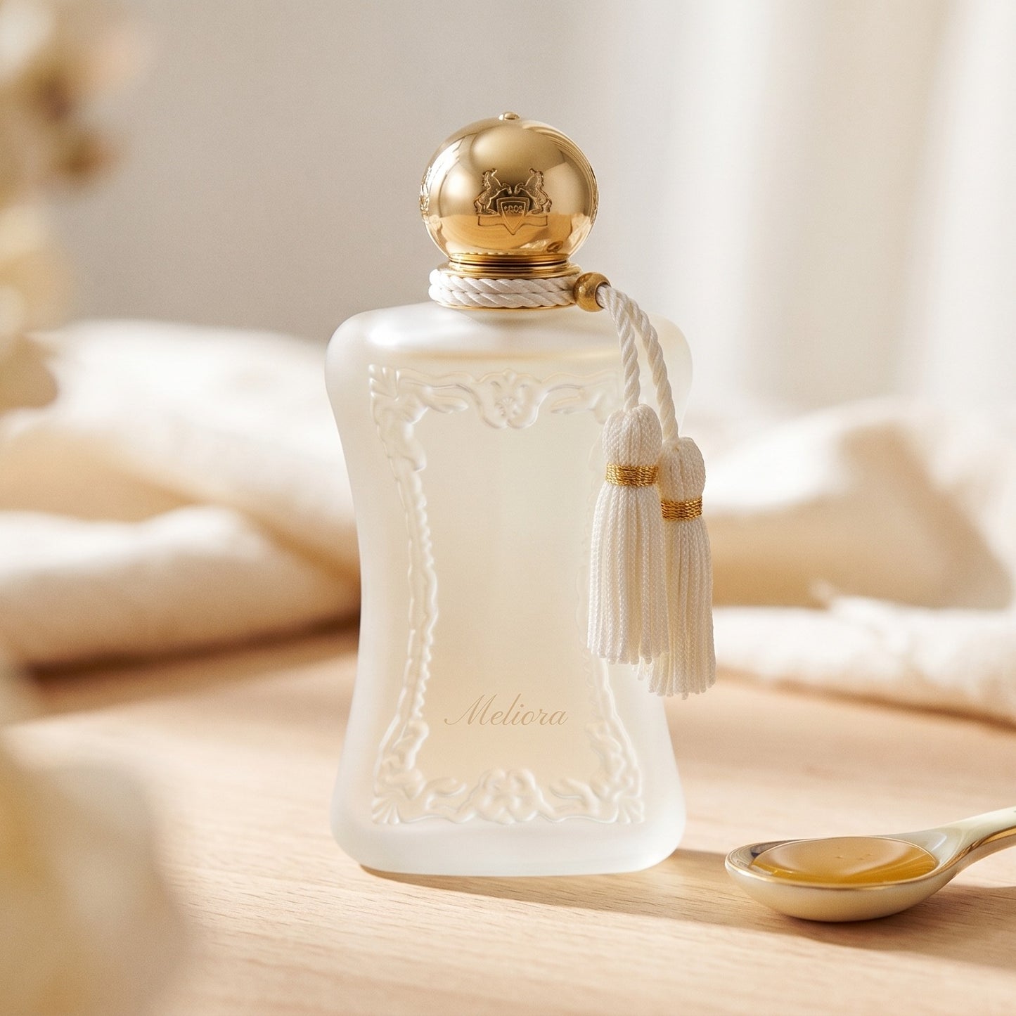 Parfums de Marly Meliora EDP on bleached oak with a shallow ramekin of salted caramel
