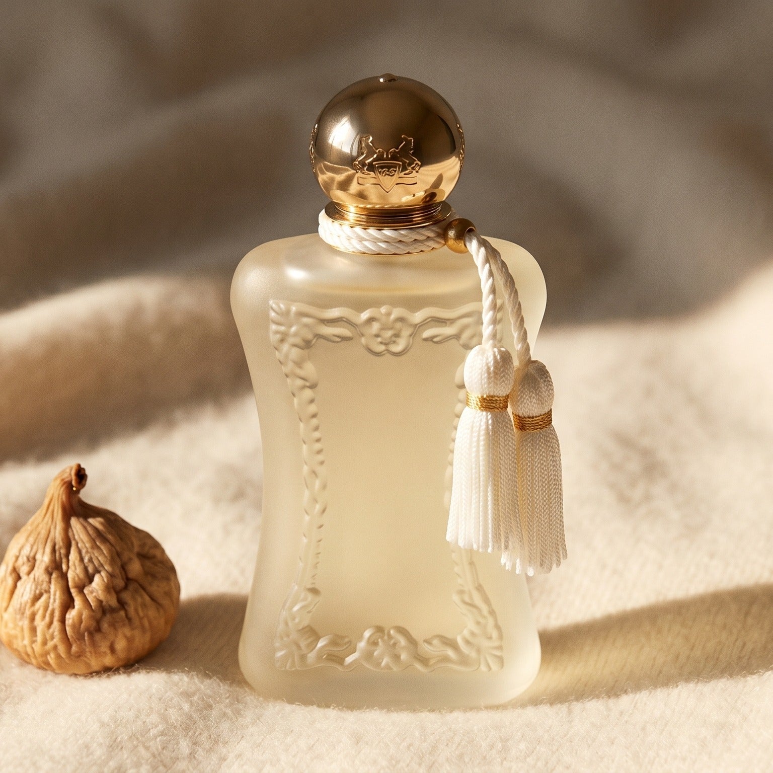 Parfums de Marly Meliora EDP on oatmeal wool with a scatter of candied chestnuts