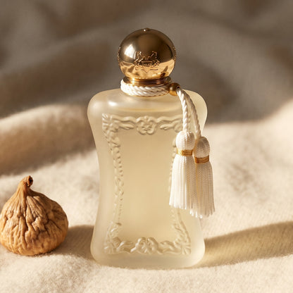 Parfums de Marly Meliora EDP on oatmeal wool with a scatter of candied chestnuts