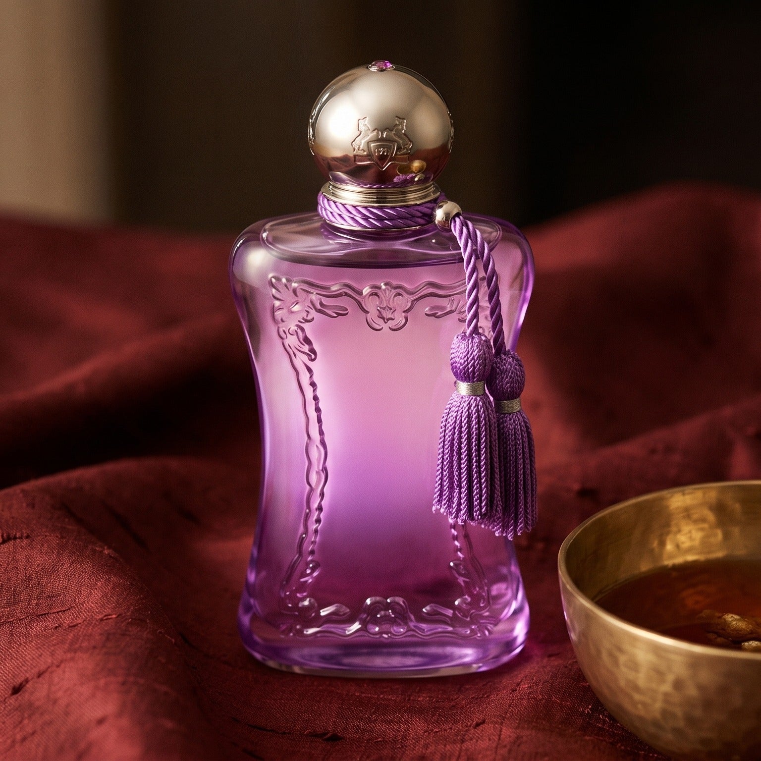 Parfums de Marly Palatine on deep caramel velvet with a small copper jar of resin balm