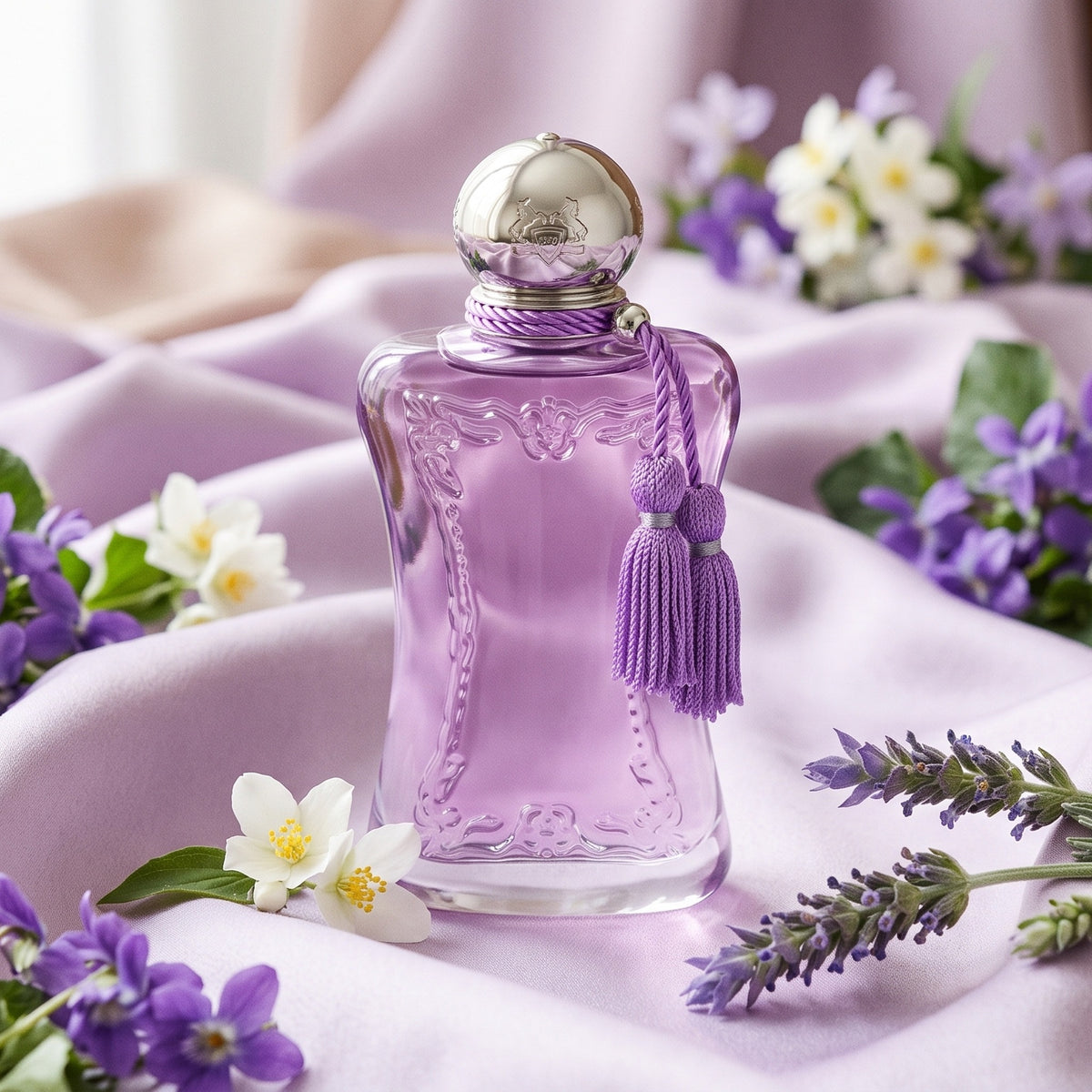 Parfums de Marly Palatine on pale lilac silk with a few violets beside jasmine flowers and lavandin sprigs