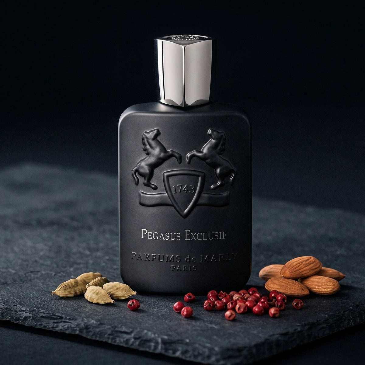 Parfums de Marly Pegasus Exclusif on charcoal slate with a few cardamom pods and pink peppercorns beside whole almonds