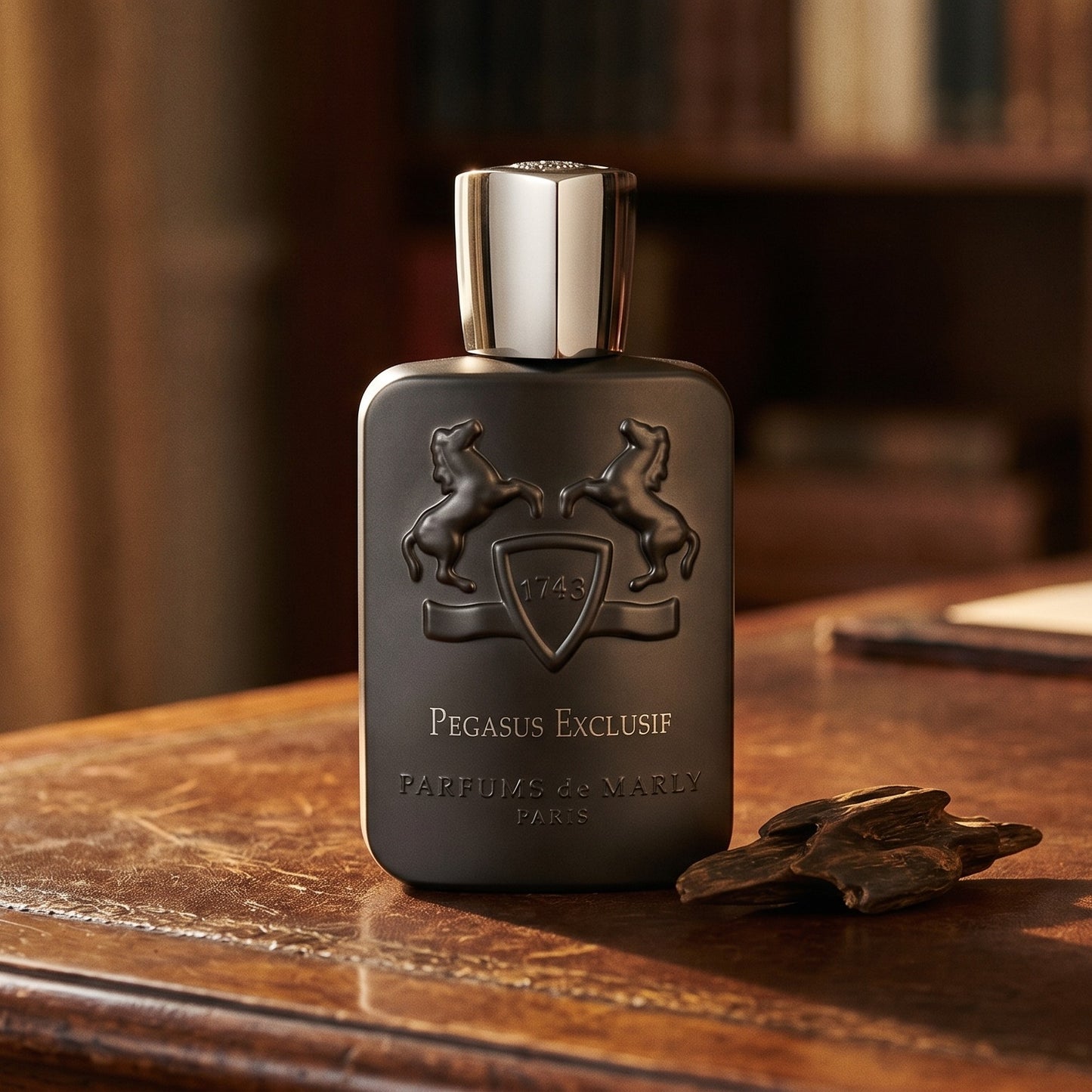 Parfums de Marly Pegasus Exclusif on aged library leather with a small stack of resinous wood splinters