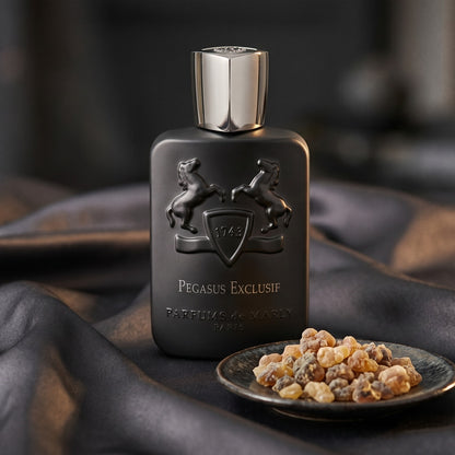 Parfums de Marly Pegasus Exclusif on charcoal silk with frankincense resin granules in a small saucer