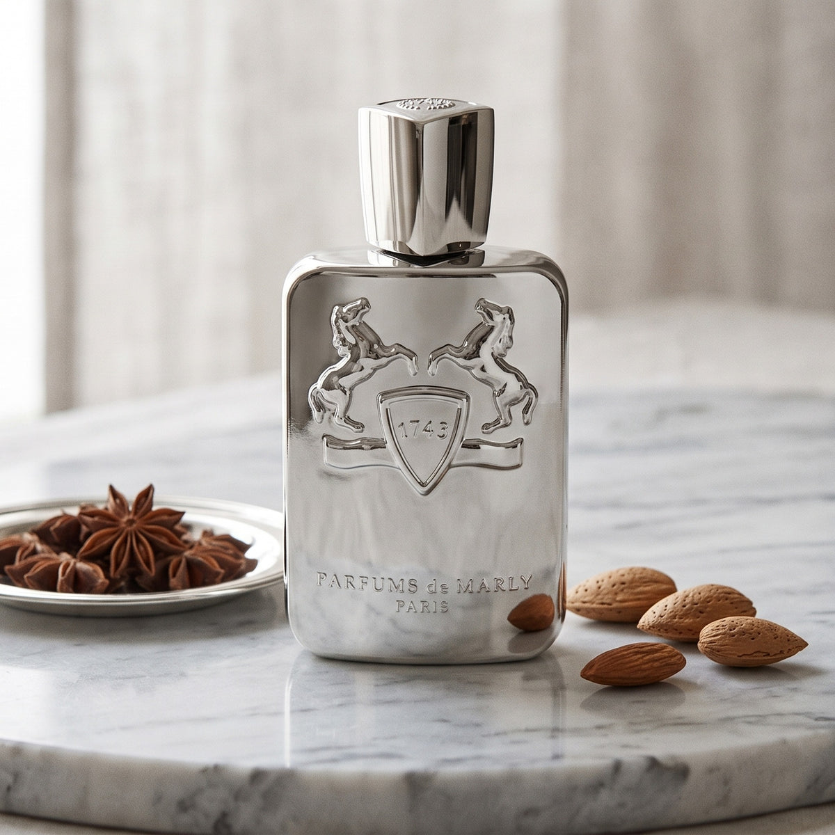 Parfums de Marly Pegasus on pale grey marble with a small dish of aniseed beside a few whole almonds