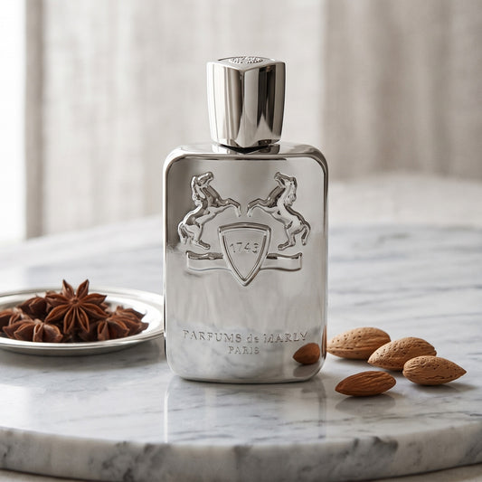 Parfums de Marly Pegasus on pale grey marble with a small dish of aniseed beside a few whole almonds