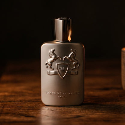 Parfums de Marly Pegasus on aged teak with a candle burning gently to frame-right