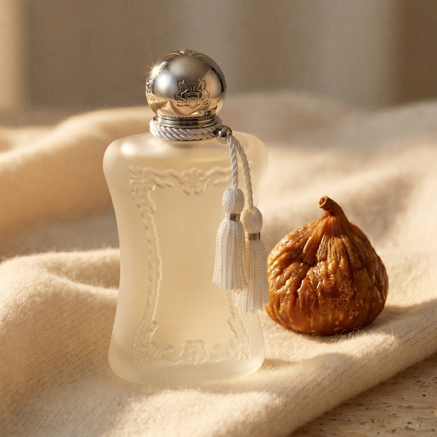 Parfums de Marly Valaya EDP on oatmeal wool with a scatter of candied chestnuts