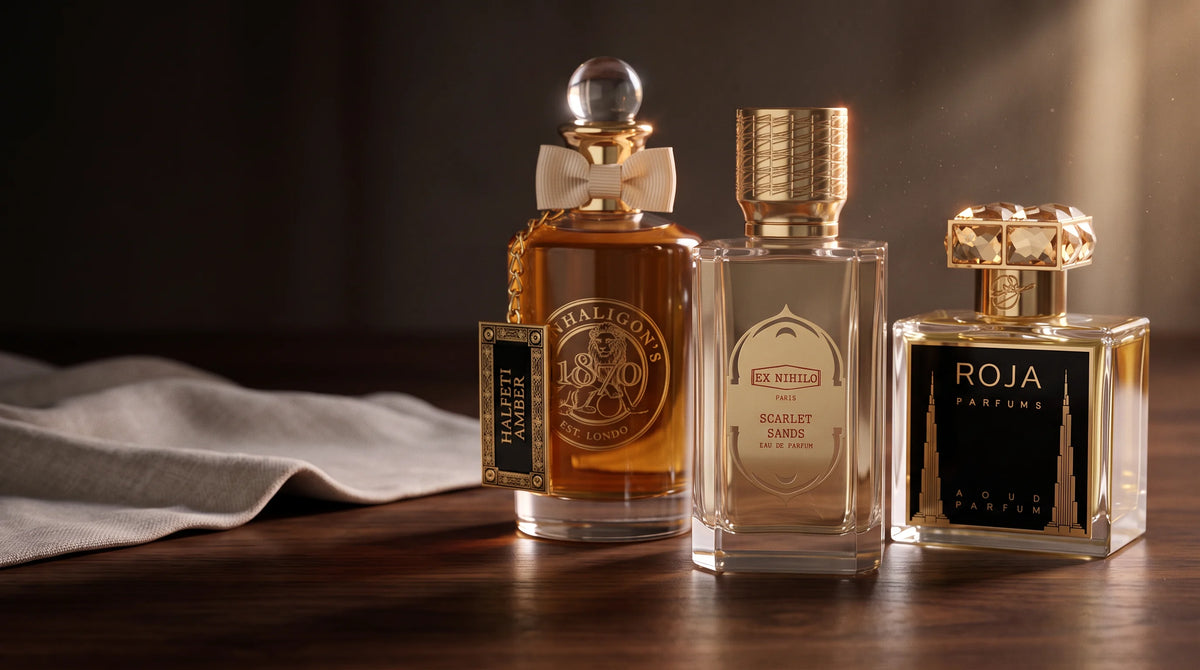 Dubai Exclusive perfumes at Parfum Central: Penhaligon's Halfeti Amber, Ex Nihilo Scarlet Sands, and Roja United Arab Emirates